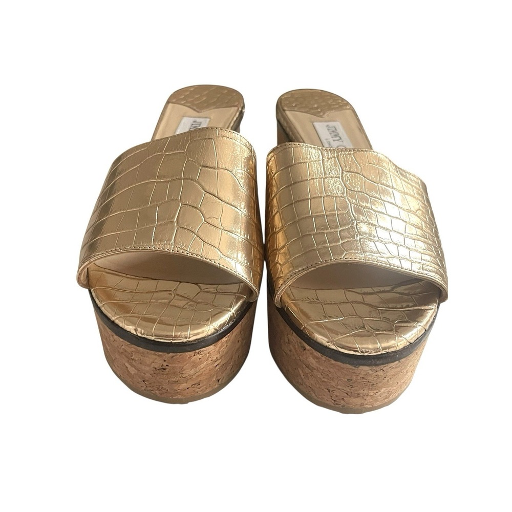 Jimmy Choo Deedee Metallic Cork Platform Sandals Gold Croc Embossed Glam Resort - Picture 14 of 15